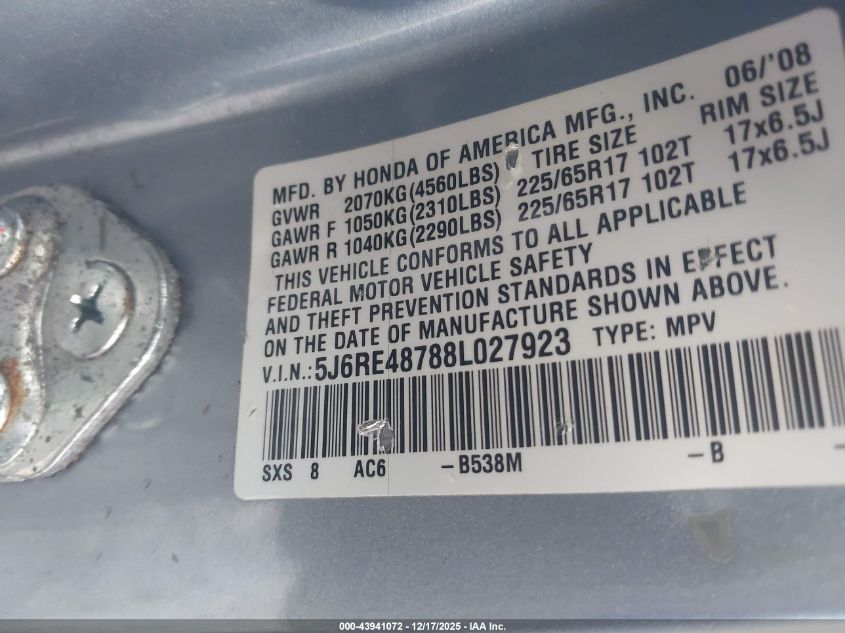 2008 Honda Cr-V Ex-L VIN: 5J6RE48788L027923 Lot: 43941072