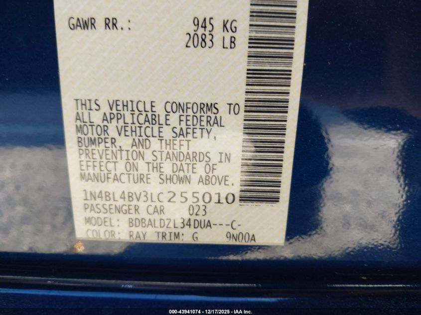 2020 Nissan Altima S Fwd VIN: 1N4BL4BV3LC255010 Lot: 43941074