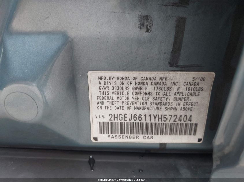 2000 Honda Civic Value Package VIN: 2HGEJ6611YH572404 Lot: 43941075