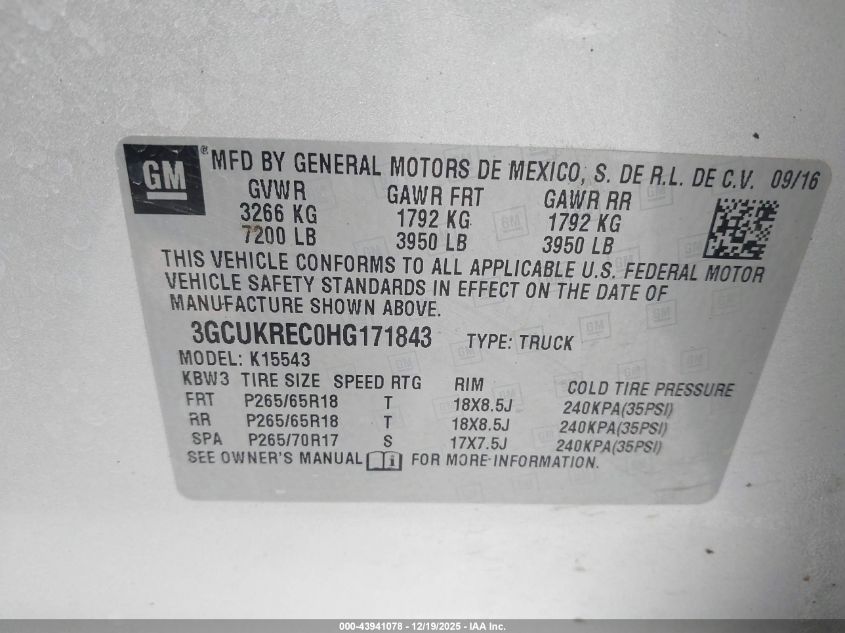 2017 Chevrolet Silverado 1500 2Lt VIN: 3GCUKREC0HG171843 Lot: 43941078