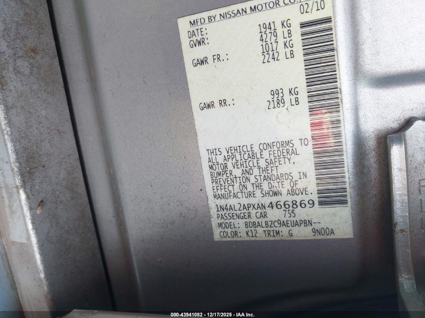 2010 Nissan Altima 2.5 S VIN: 1N4AL2APXAN466869 Lot: 43941082