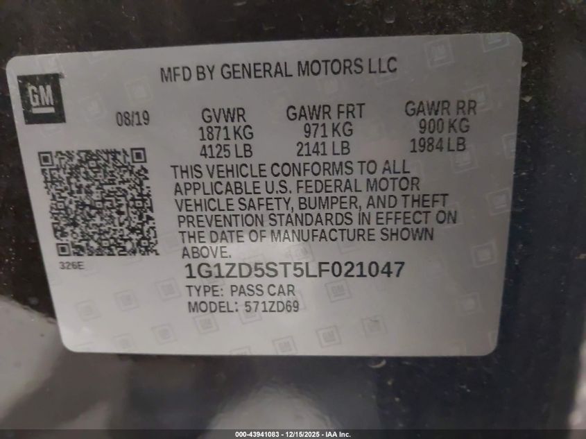 2020 Chevrolet Malibu Fwd Lt VIN: 1G1ZD5ST5LF021047 Lot: 43941083