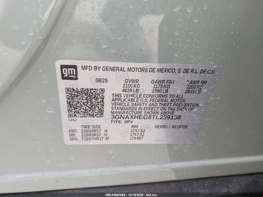 2026 Chevrolet Equinox Fwd Lt VIN: 3GNAXHEG8TL239198 Lot: 43941084