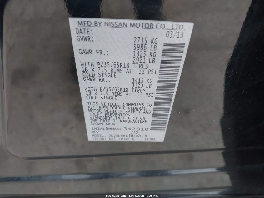 2013 Infiniti Jx35 VIN: 5N1AL0MMXDC342810 Lot: 43941086