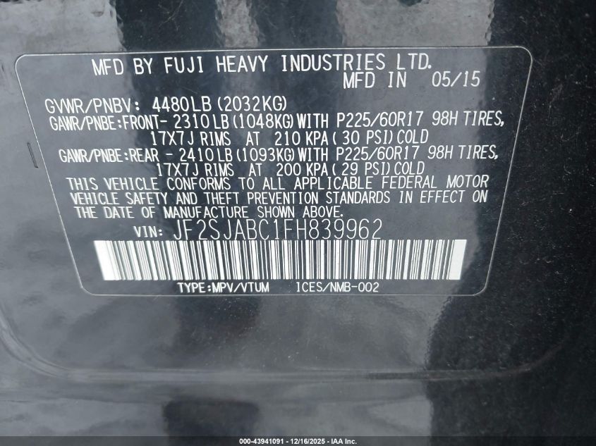2015 Subaru Forester 2.5I VIN: JF2SJABC1FH839962 Lot: 43941091