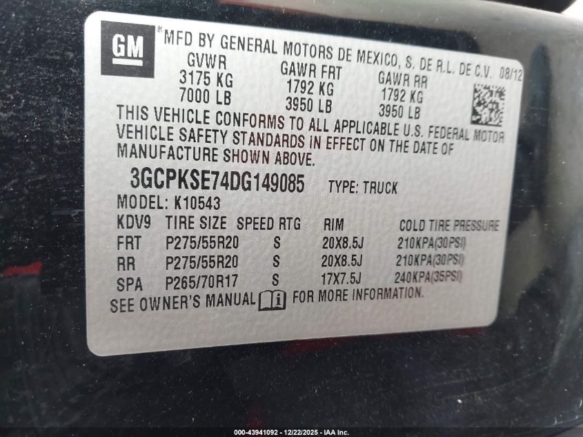 2013 Chevrolet Silverado 1500 Lt VIN: 3GCPKSE74DG149085 Lot: 43941092