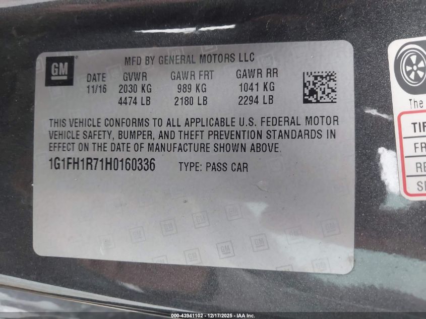 2017 Chevrolet Camaro 2Ss VIN: 1G1FH1R71H0160336 Lot: 43941102