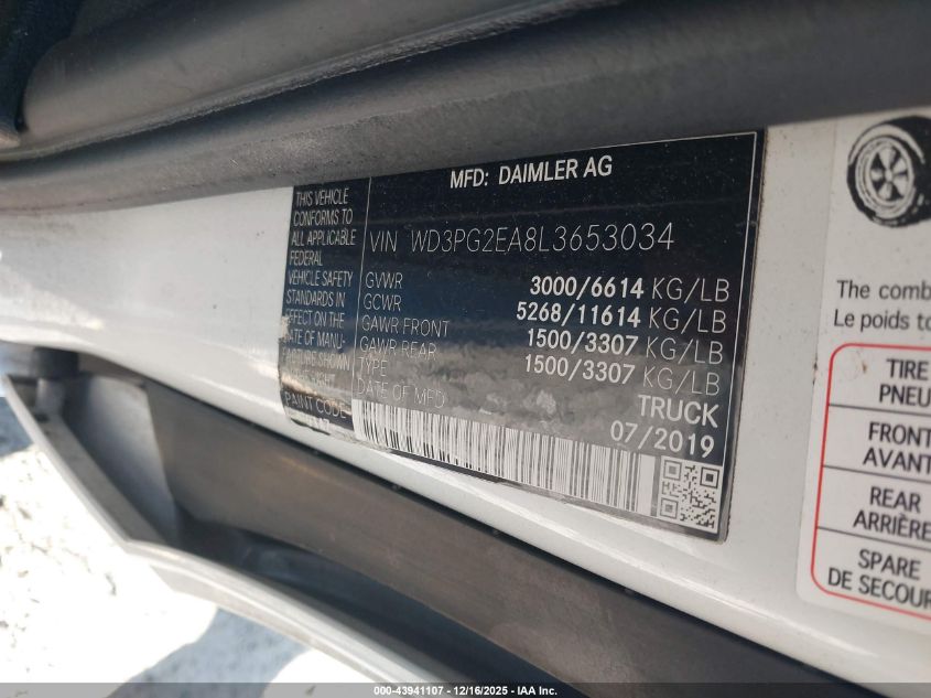 2020 Mercedes-Benz Metris VIN: WD3PG2EA8L3653034 Lot: 43941107