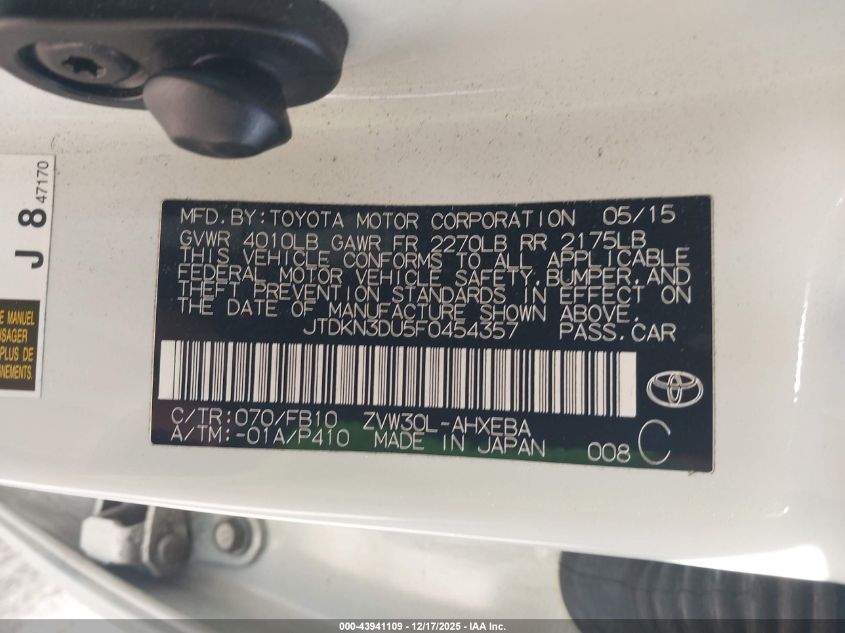 2015 Toyota Prius Two VIN: JTDKN3DU5F0454357 Lot: 43941109