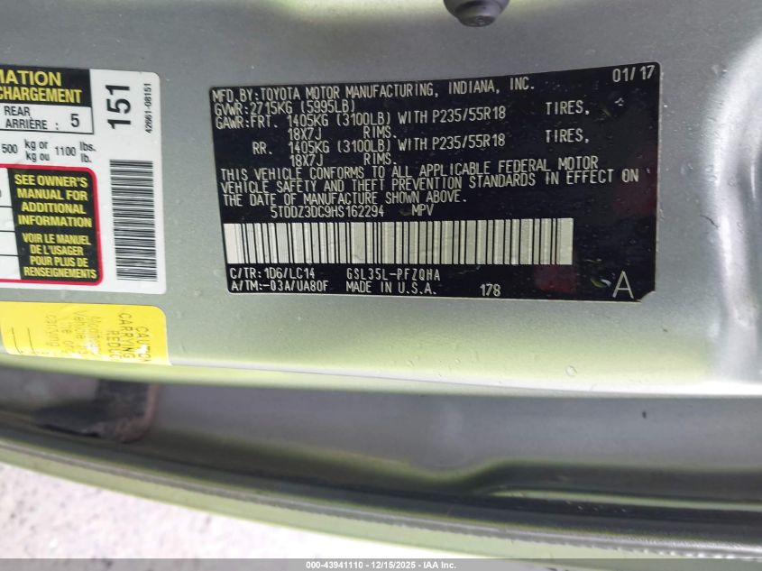 2017 Toyota Sienna Xle Premium 7 Passenger VIN: 5TDDZ3DC9HS162294 Lot: 43941110