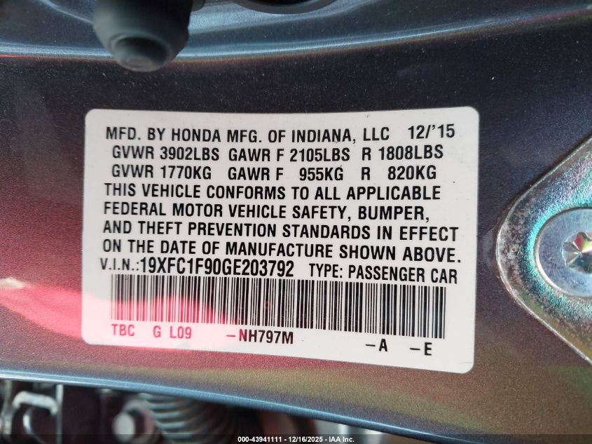 2016 Honda Civic Touring VIN: 19XFC1F90GE203792 Lot: 43941111