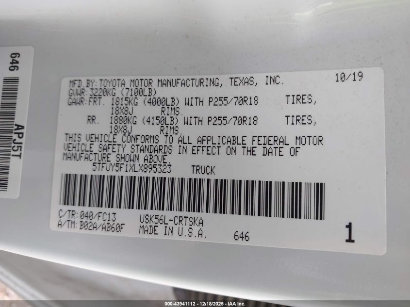 2020 Toyota Tundra 4Wd Sr5 VIN: 5TFUY5F1XLX895323 Lot: 43941112