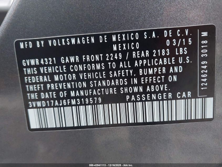 2015 Volkswagen Jetta 1.8T Se VIN: 3VWD17AJ6FM319579 Lot: 43941113