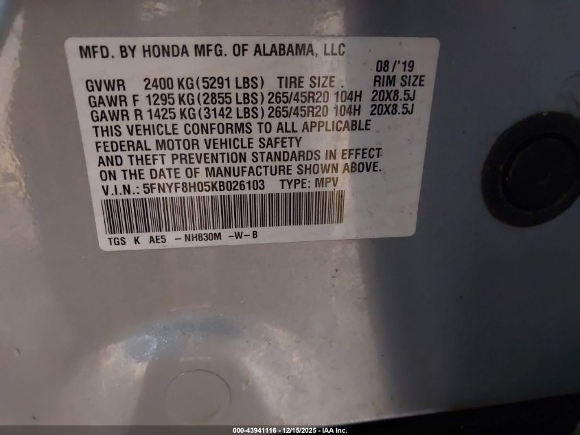 2019 Honda Passport Elite VIN: 5FNYF8H05KB026103 Lot: 43941116