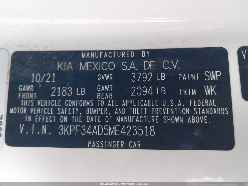 2021 Kia Forte Gt-Line VIN: 3KPF34AD5ME423518 Lot: 43941120
