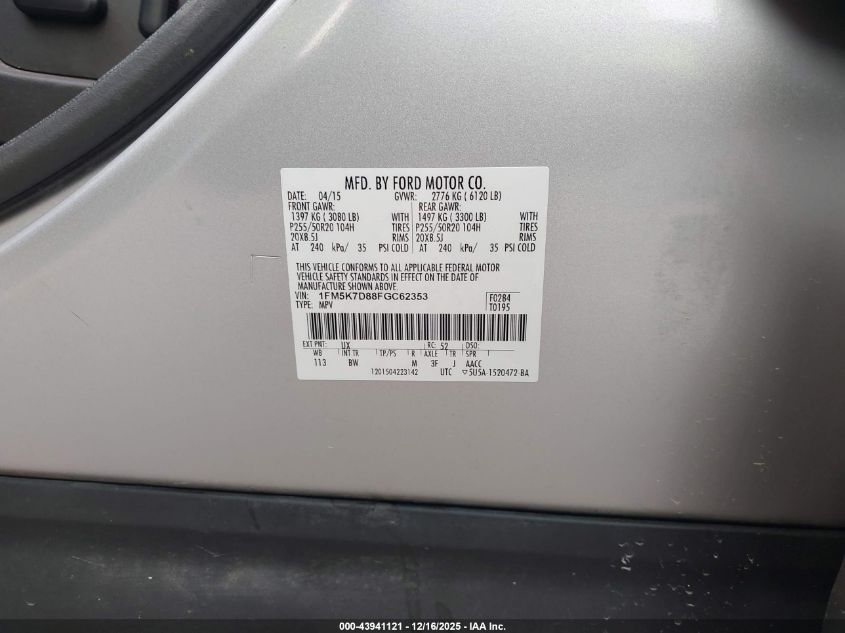 2015 Ford Explorer Xlt VIN: 1FM5K7D88FGC62353 Lot: 43941121