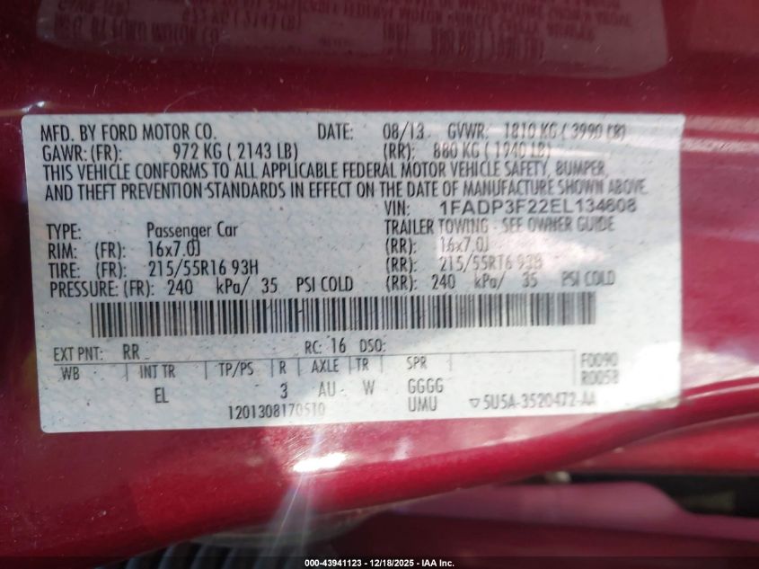 2014 Ford Focus Se VIN: 1FADP3F22EL134608 Lot: 43941123