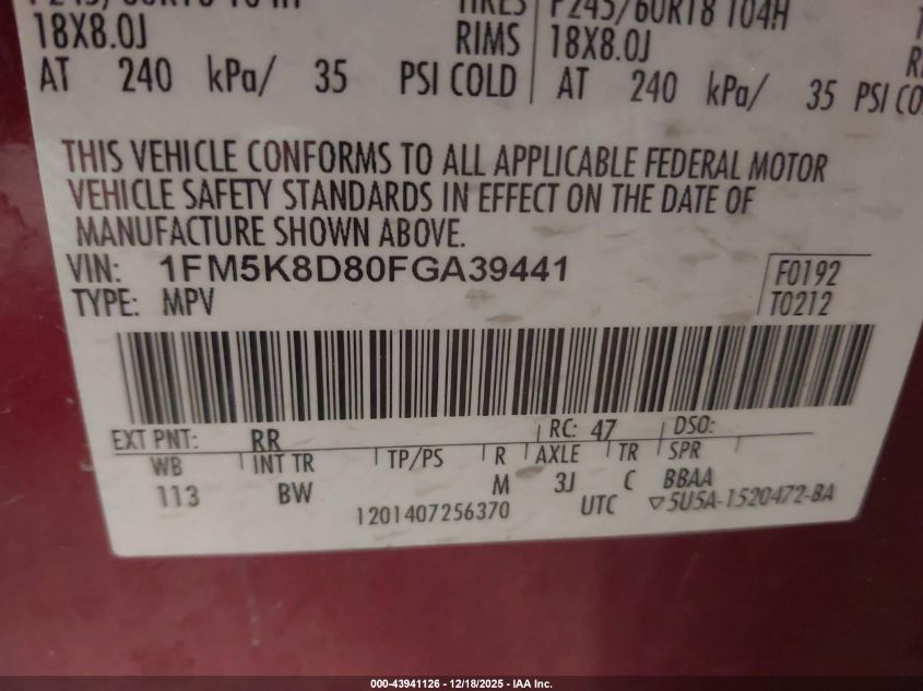 2015 Ford Explorer Xlt VIN: 1FM5K8D80FGA39441 Lot: 43941126