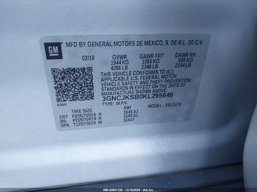 2019 Chevrolet Trax Ls VIN: 3GNCJKSB0KL295649 Lot: 43941128