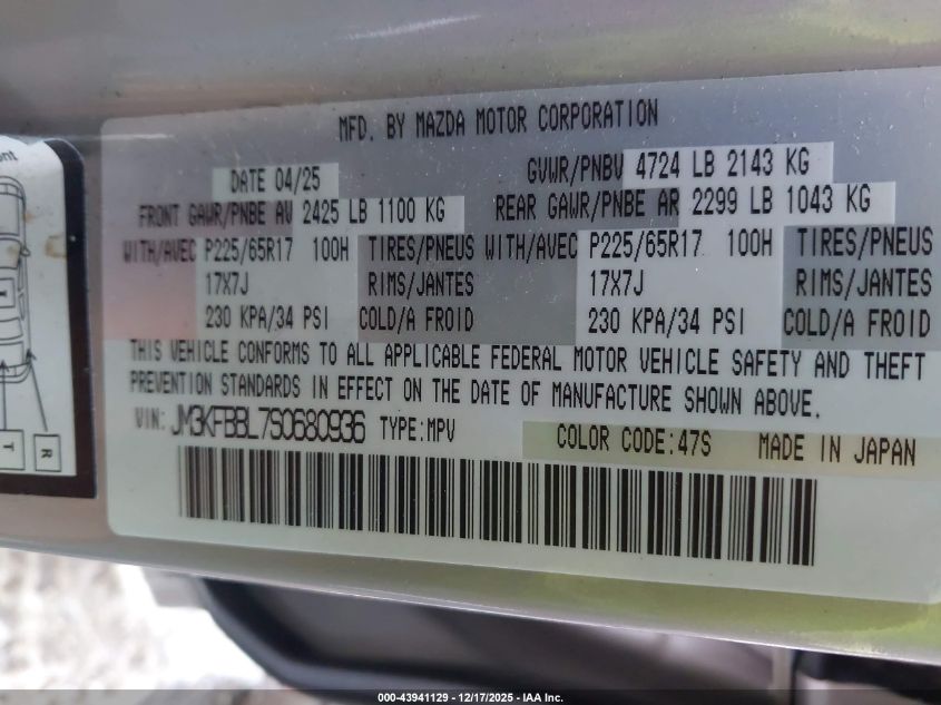 2025 Mazda Cx-5 2.5 S Select VIN: JM3KFBBL7S0680936 Lot: 43941129