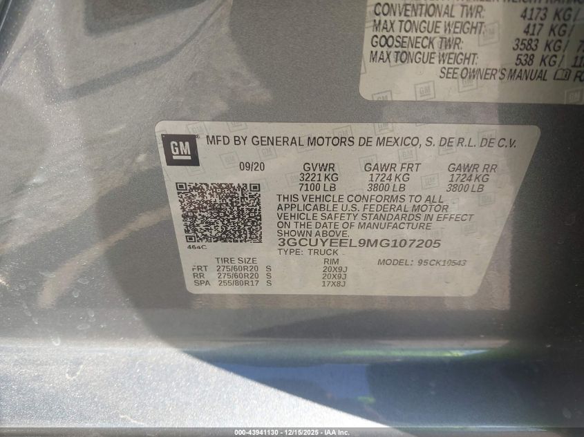 2021 Chevrolet Silverado 1500 4Wd Short Bed Rst VIN: 3GCUYEEL9MG107205 Lot: 43941130