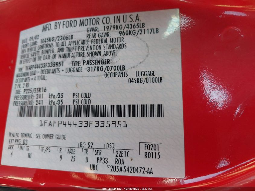 2003 Ford Mustang VIN: 1FAFP44433F335951 Lot: 43941132