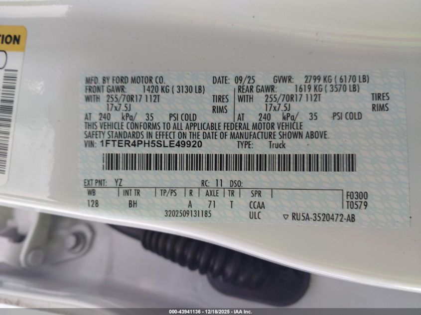 2025 Ford Ranger Xl VIN: 1FTER4PH5SLE49920 Lot: 43941136