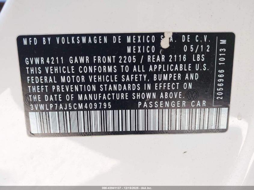 2012 Volkswagen Jetta 2.5L Sel VIN: 3VWLP7AJ5CM409795 Lot: 43941137