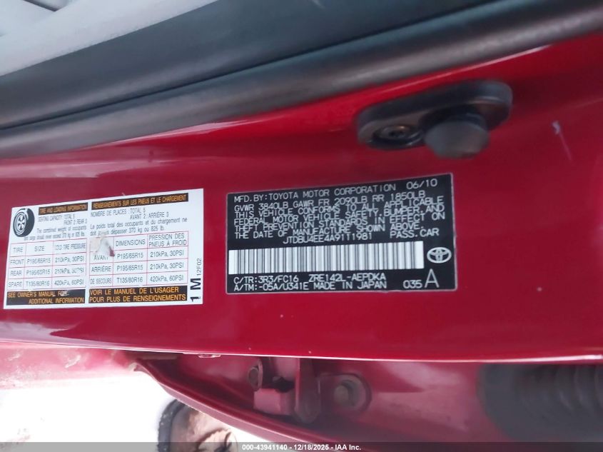 2010 Toyota Corolla Le VIN: JTDBU4EE4A9111981 Lot: 43941140