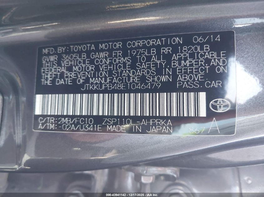 2014 Scion Xd VIN: JTKKUPB48E1046479 Lot: 43941142