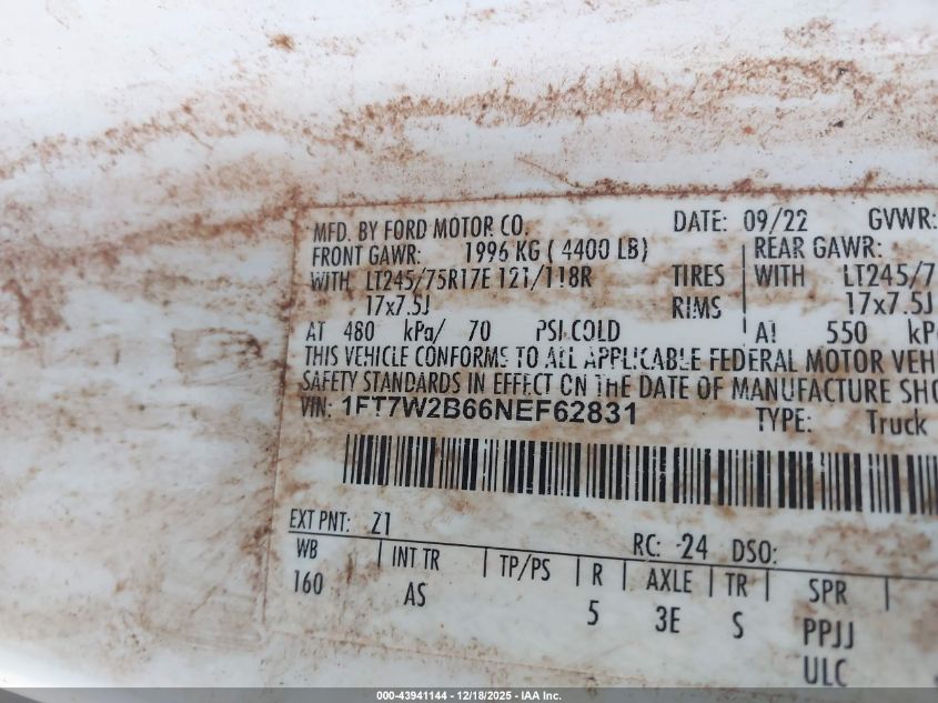 2022 Ford F-250 Xl VIN: 1FT7W2B66NEF62831 Lot: 43941144
