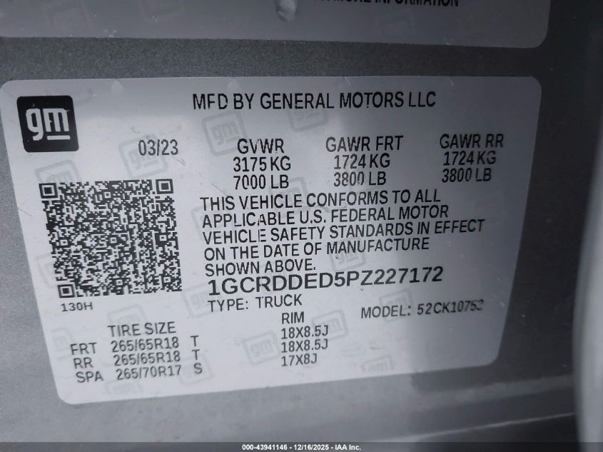 2023 Chevrolet Silverado 1500 4Wd Standard Bed Lt VIN: 1GCRDDED5PZ227172 Lot: 43941146