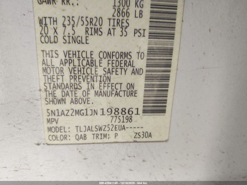 2018 Nissan Murano Platinum VIN: 5N1AZ2MG1JN198861 Lot: 43941149