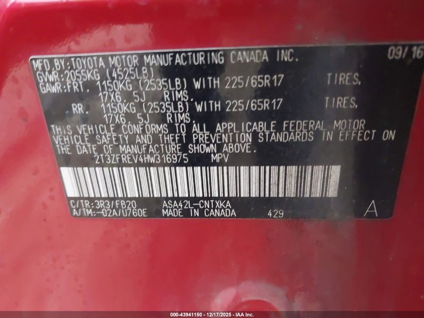 2017 Toyota Rav4 Le VIN: 2T3ZFREV4HW316975 Lot: 43941150