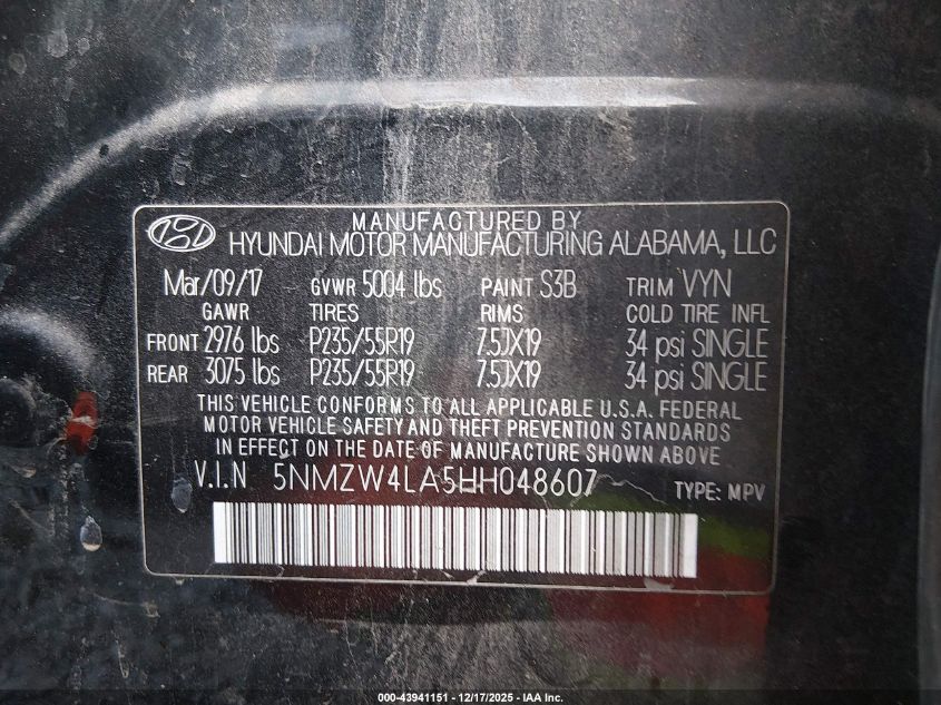 2017 Hyundai Santa Fe Sport 2.0T Ultimate VIN: 5NMZW4LA5HH048607 Lot: 43941151