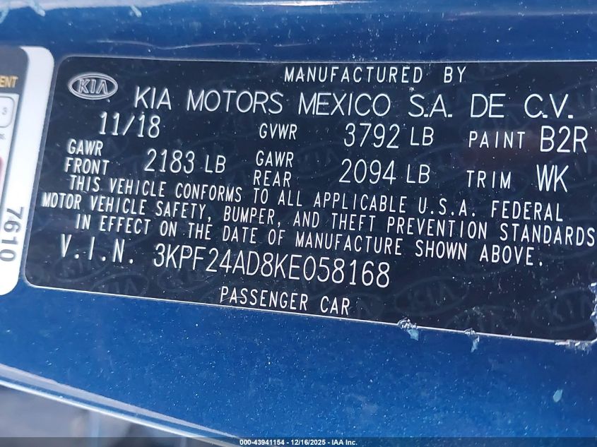 2019 Kia Forte Lxs VIN: 3KPF24AD8KE058168 Lot: 43941154