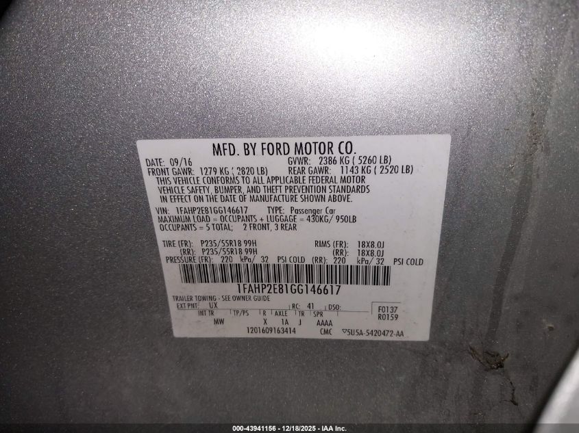 2016 Ford Taurus Sel VIN: 1FAHP2E81GG146617 Lot: 43941156