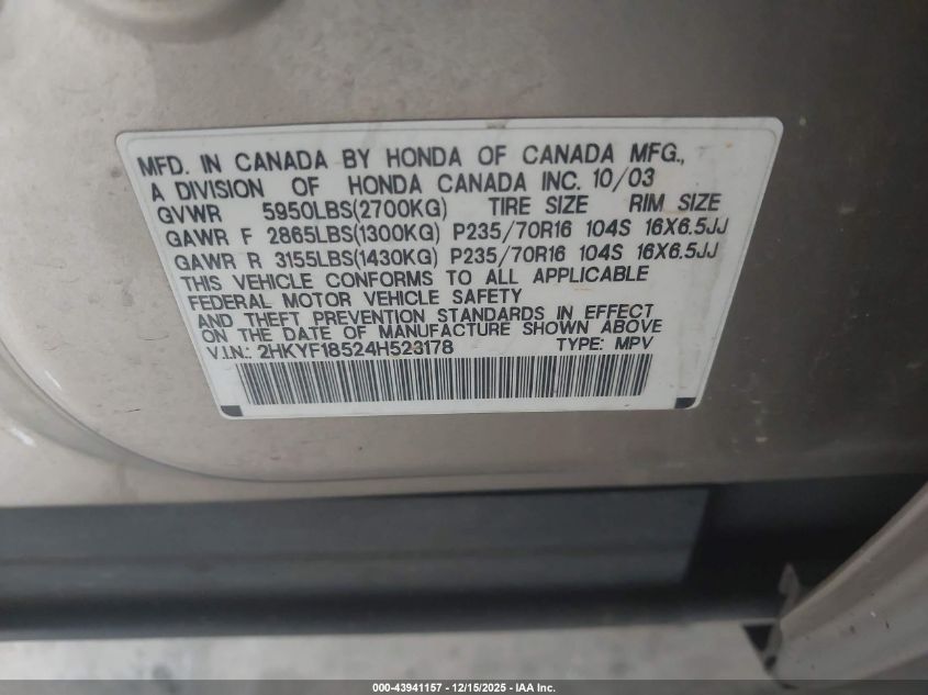 2004 Honda Pilot Ex-L VIN: 2HKYF18524H523178 Lot: 43941157