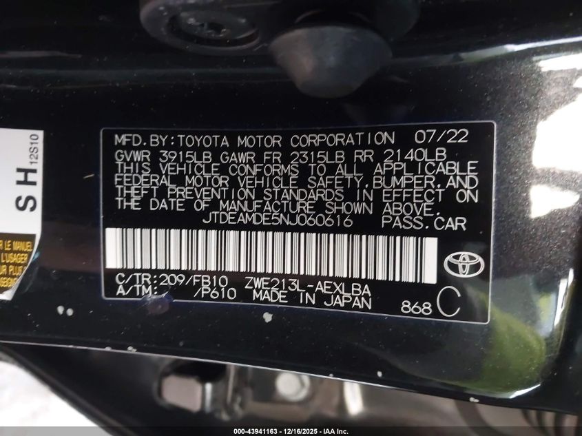 2022 Toyota Corolla Hybrid Le VIN: JTDEAMDE5NJ060616 Lot: 43941163