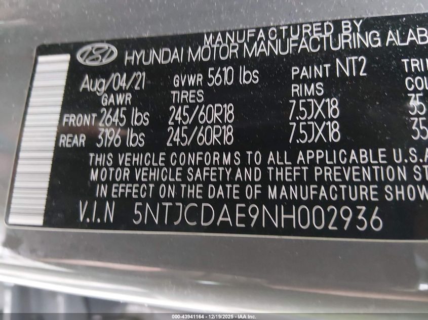 2022 Hyundai Santa Cruz Sel VIN: 5NTJCDAE9NH002936 Lot: 43941164
