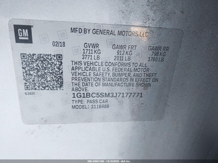 2018 Chevrolet Cruze Ls Auto VIN: 1G1BC5SM3J7177771 Lot: 43941166