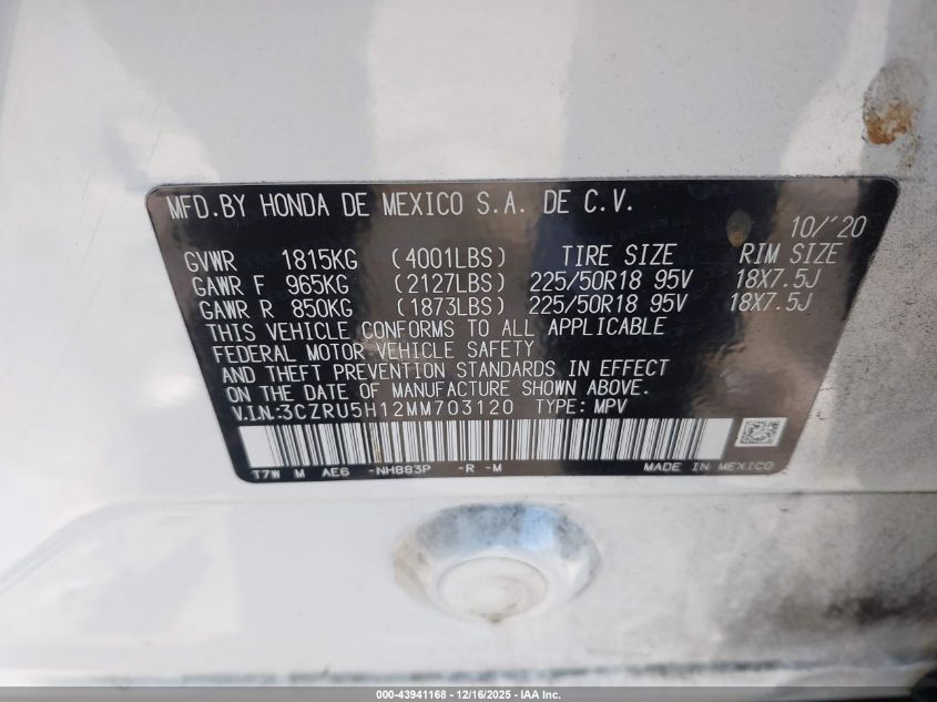 2021 Honda Hr-V 2Wd Sport VIN: 3CZRU5H12MM703120 Lot: 43941168
