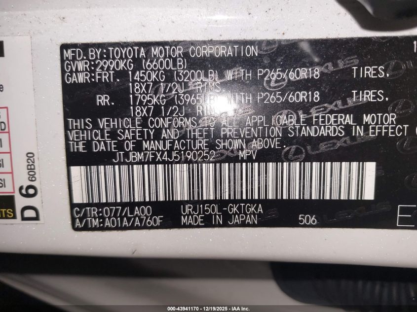 2018 Lexus Gx 460 VIN: JTJBM7FX4J5190252 Lot: 43941170