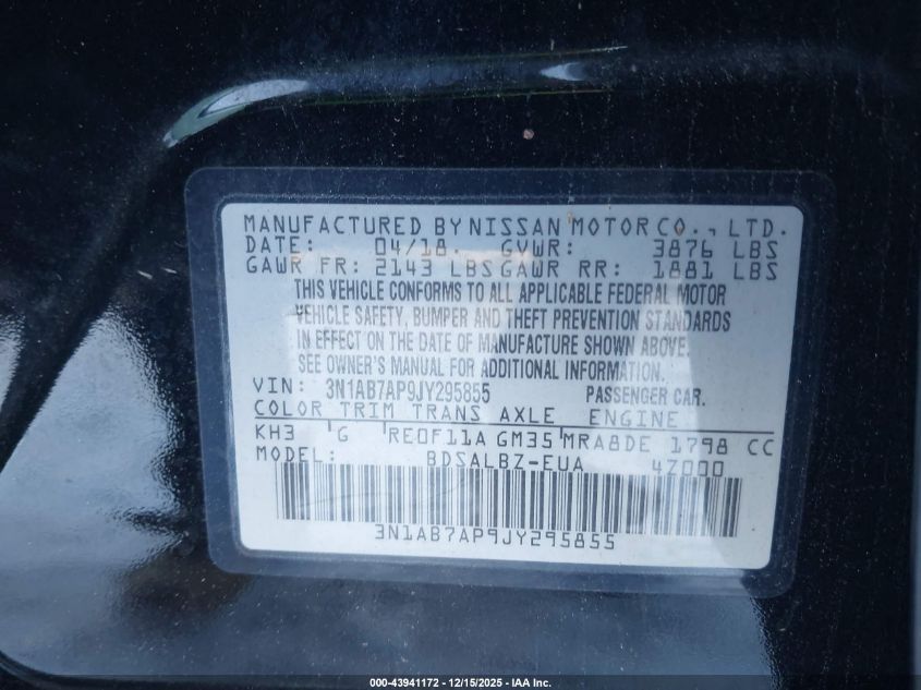 2018 Nissan Sentra S VIN: 3N1AB7AP9JY295855 Lot: 43941172