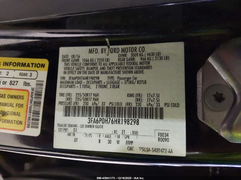 2017 Ford Fusion Se VIN: 3FA6P0H76HR198298 Lot: 43941173