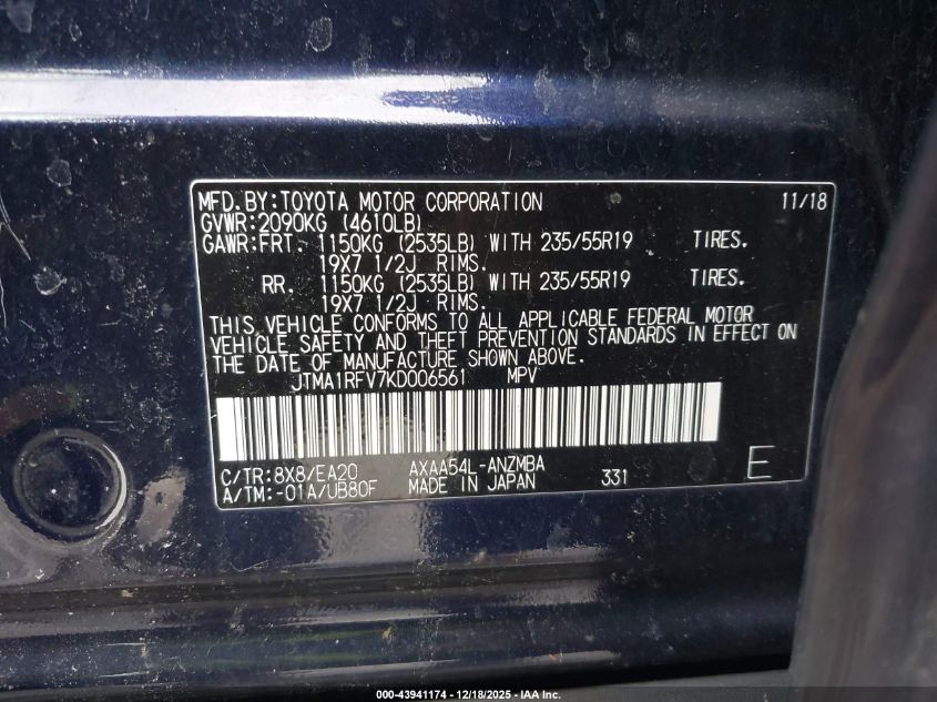 2019 Toyota Rav4 Xle Premium VIN: JTMA1RFV7KD006561 Lot: 43941174