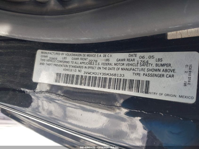 2005 Volkswagen New Beetle Gls VIN: 3VWCM31Y35M368133 Lot: 43941178