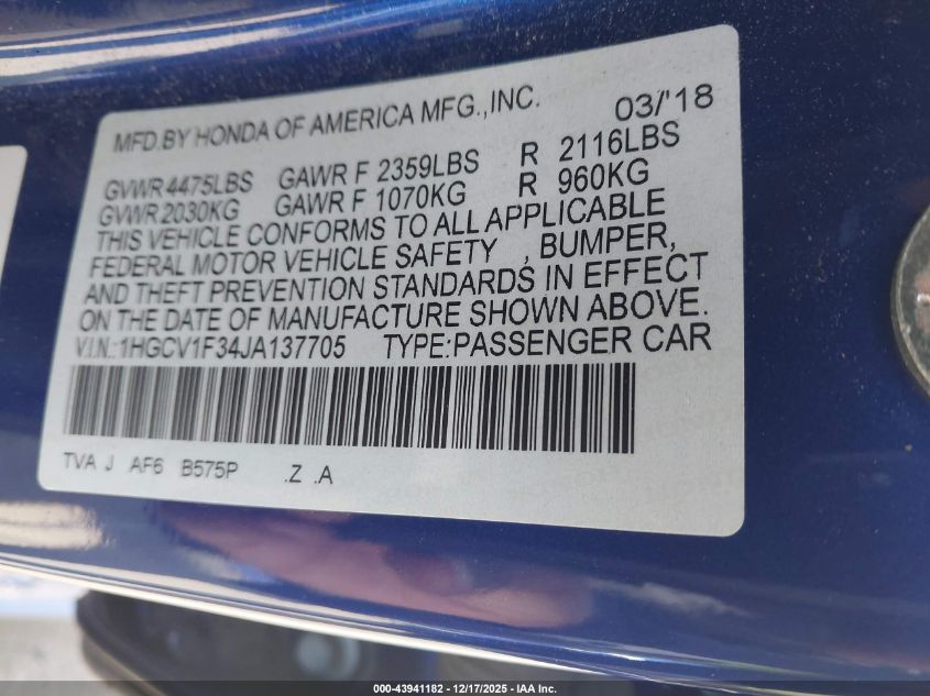 2018 Honda Accord Sport VIN: 1HGCV1F34JA137705 Lot: 43941182