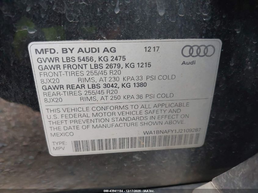 2018 Audi Q5 2.0T Premium/2.0T Tech Premium VIN: WA1BNAFY1J2109287 Lot: 43941184