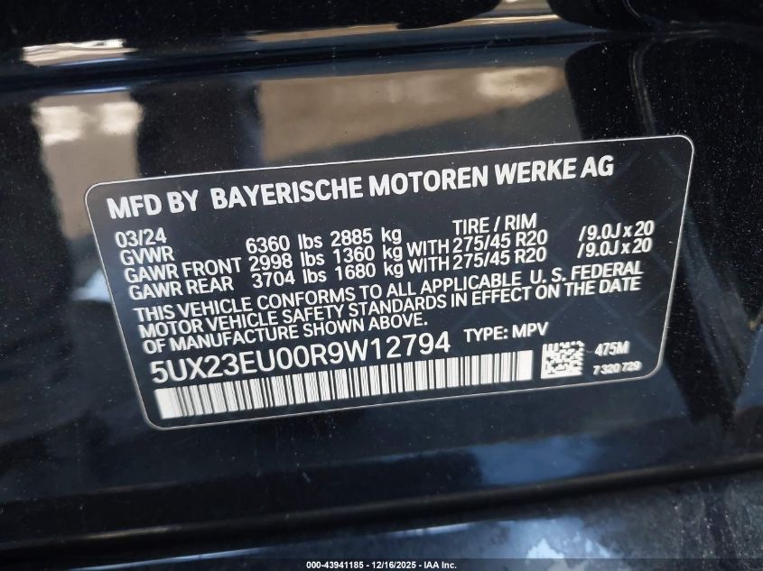 2024 BMW X5 xDrive40I VIN: 5UX23EU00R9W12794 Lot: 43941185